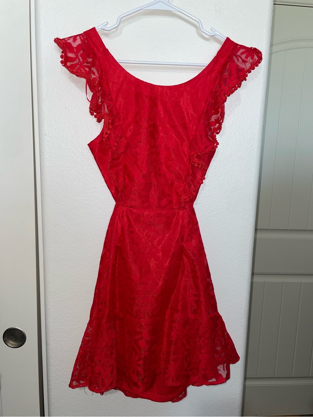 Red Lace Ruffle-Sleeve Mini Dress With Open Back Detailing